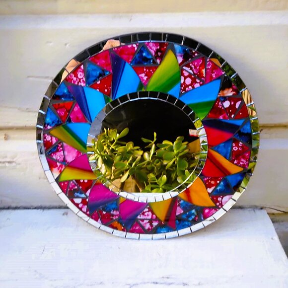 Inlaid Multi Colored Stained Glass Mosaic Handmade Round Wall Mirror - Picture 3 of 11